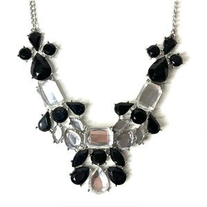 Statement Black & Clear Crystal Bib Necklace Silver Tone Chain